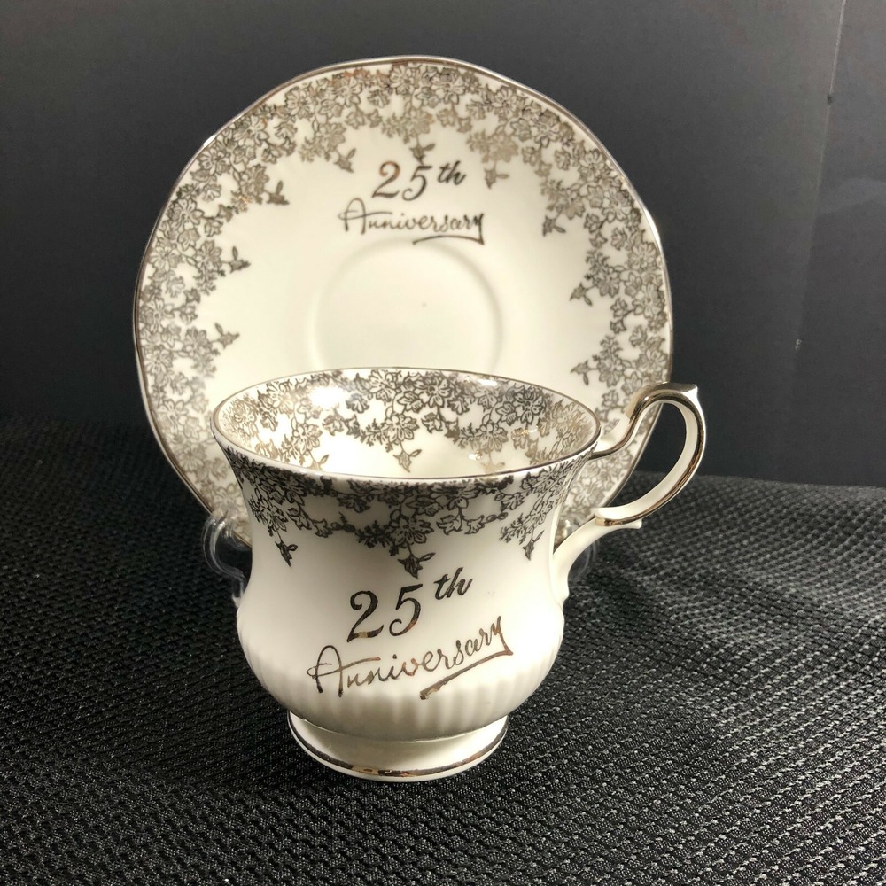 VTG Teacup & Saucer Bone China Queens Rosina Silver/White 25th Anniversary